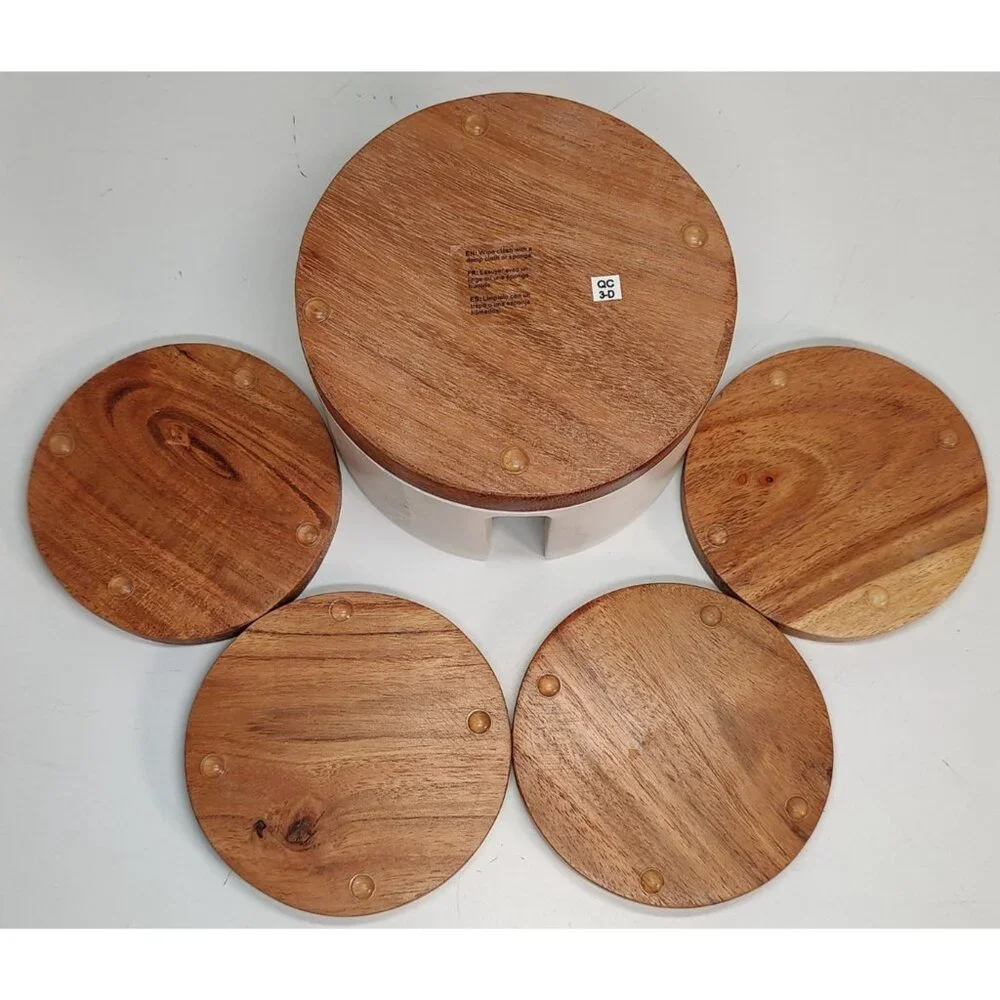 Etched B Monogram Wood Coasters Set with White Heavy Marble Holder Wood Base
